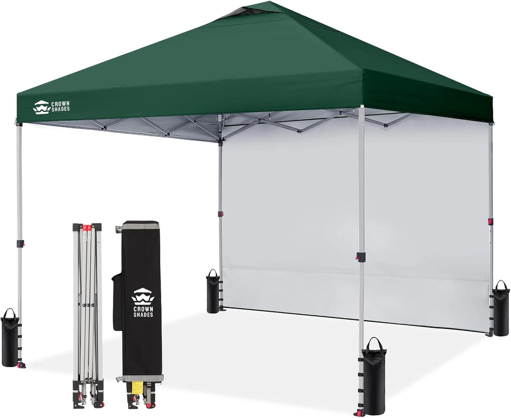 CROWN SHADES 10x10 Pop Up Canopy with 1 Side Wall - Beach Tent with One Push Setup - Outdoor Sun Shade for Events, Parties, Camping - Gazebo with STO-N-Go Cover Bag (White)
