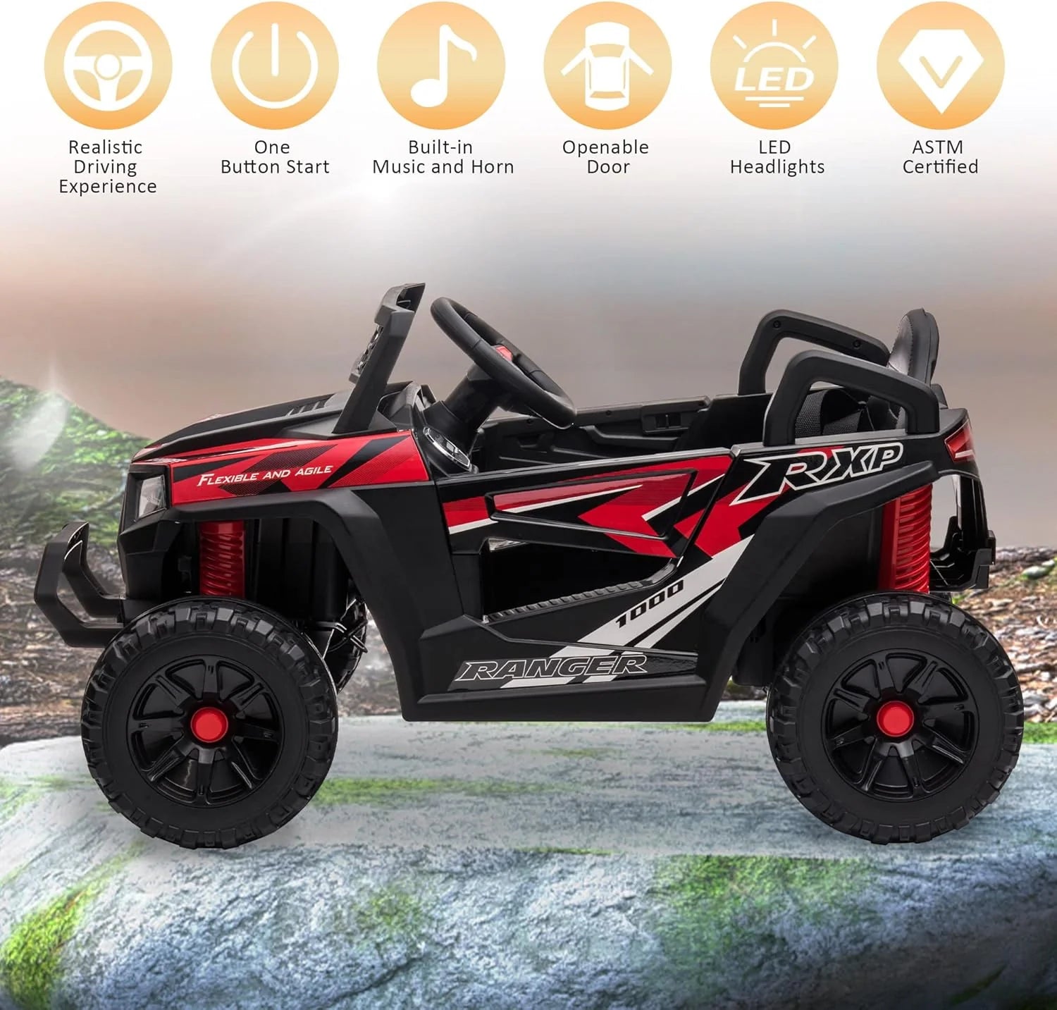 TOBBI 12V Kids Ride on Car, Electric Off-Road UTV Truck with Diverse Functions, Double Open Doors, Safety Belt, Horn, Music, and Lights for Kids Aged 3-5 Years (Rose Red)