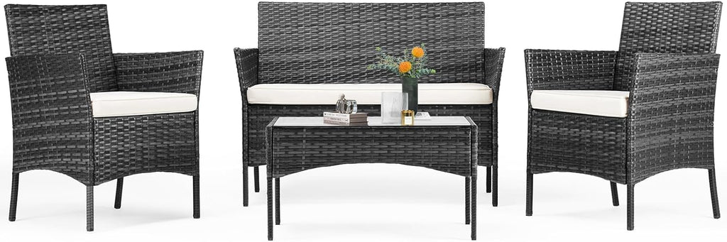 Sweetcripy Patio Furniture Set 3 Pieces Outdoor Furniture with Soft Cushion and Glass Table