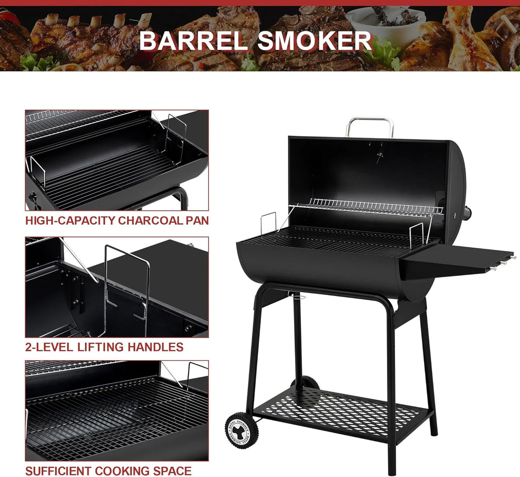 Royal Gourmet CC1830 30 Inch Barrel Charcoal Grill with Side Table, Outdoor BBQ Grill with 627 Sq. In. Cooking Space for Backyard, Patio and Parties, Black