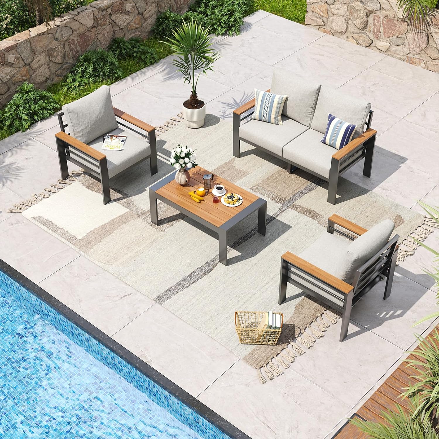 Aoxun Aluminum Patio Furniture Set 7 Seats, Oversized Outdoor Sectional with Washable Thick Cushions, Coffee Table and Waterproof Cover, Patio Conversation Sets for Porch, Balcony, Deck
