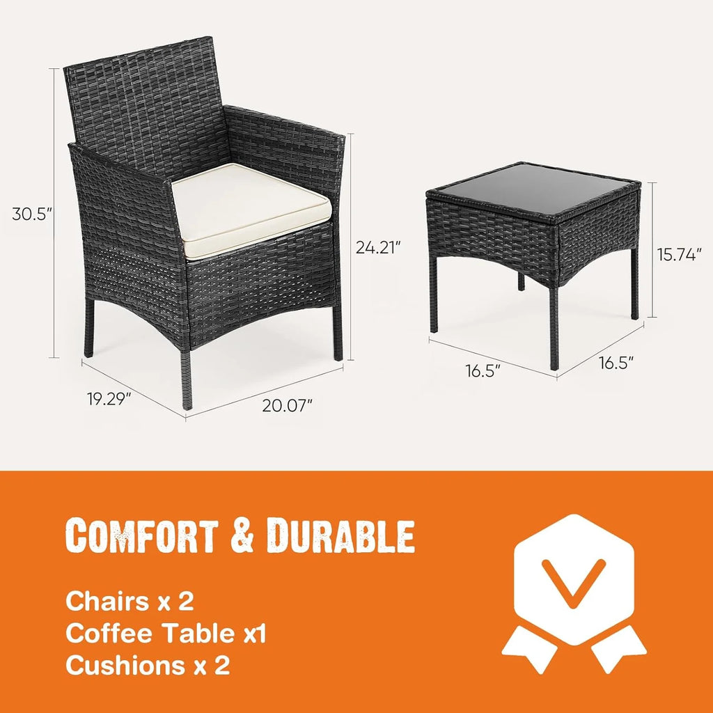 Sweetcripy Patio Furniture Set 3 Pieces, Outdoor Furniture with Soft Cushion and Glass Table, All Weather Manual Weaving Wicker Rattan Patio Chairs for Garden, Terrace, Porch(Black and Beige)