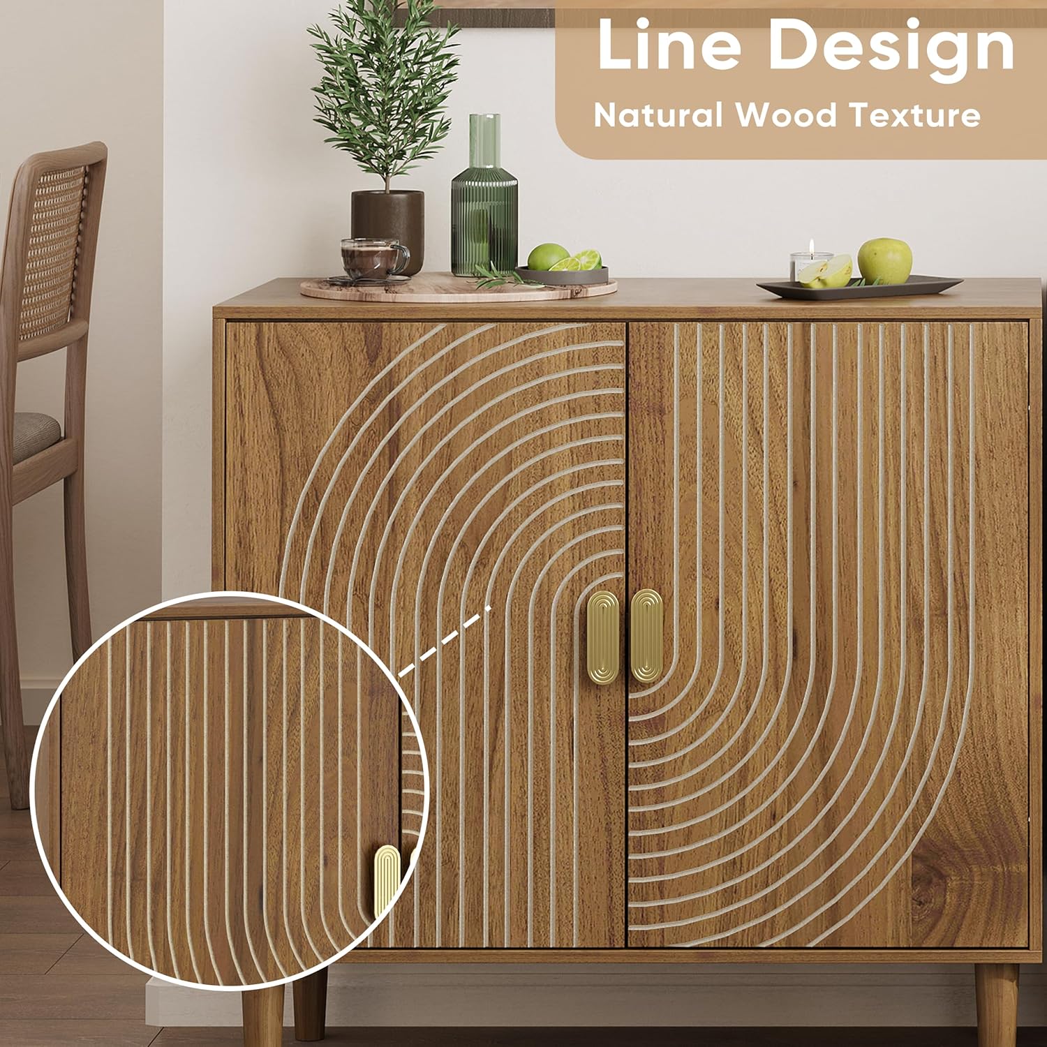 Walnut sideboard, freestanding dining cabinet with cable channel design, wooden storage cabinet with adjustable shelves
