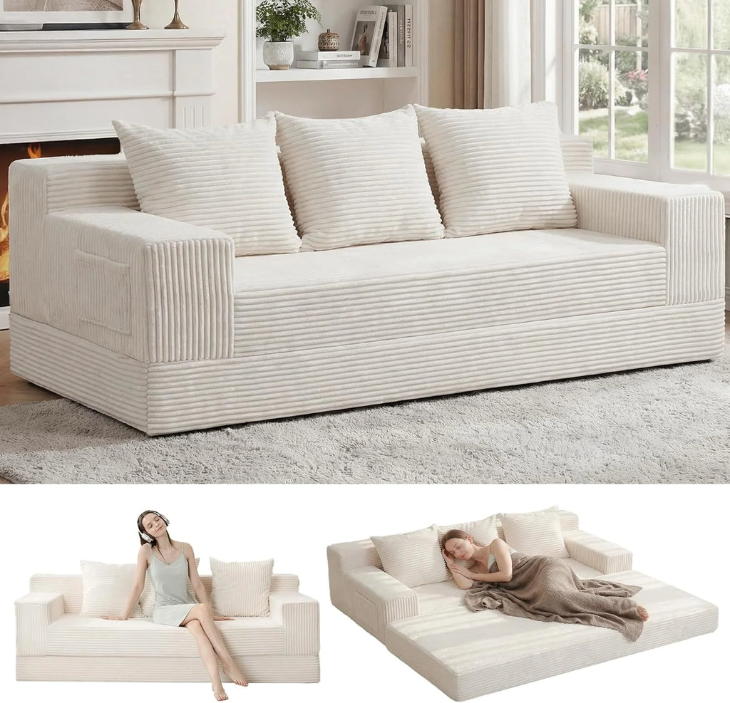Loveseat Boneless Convertible Sofa Bed, Folding Floor Futon Sleeper Sofa Couch Bed- Boneless Foldable Couch, Corduroy Pull Out Sofa Bed with 2 Pillows for Living Room & Bedroom