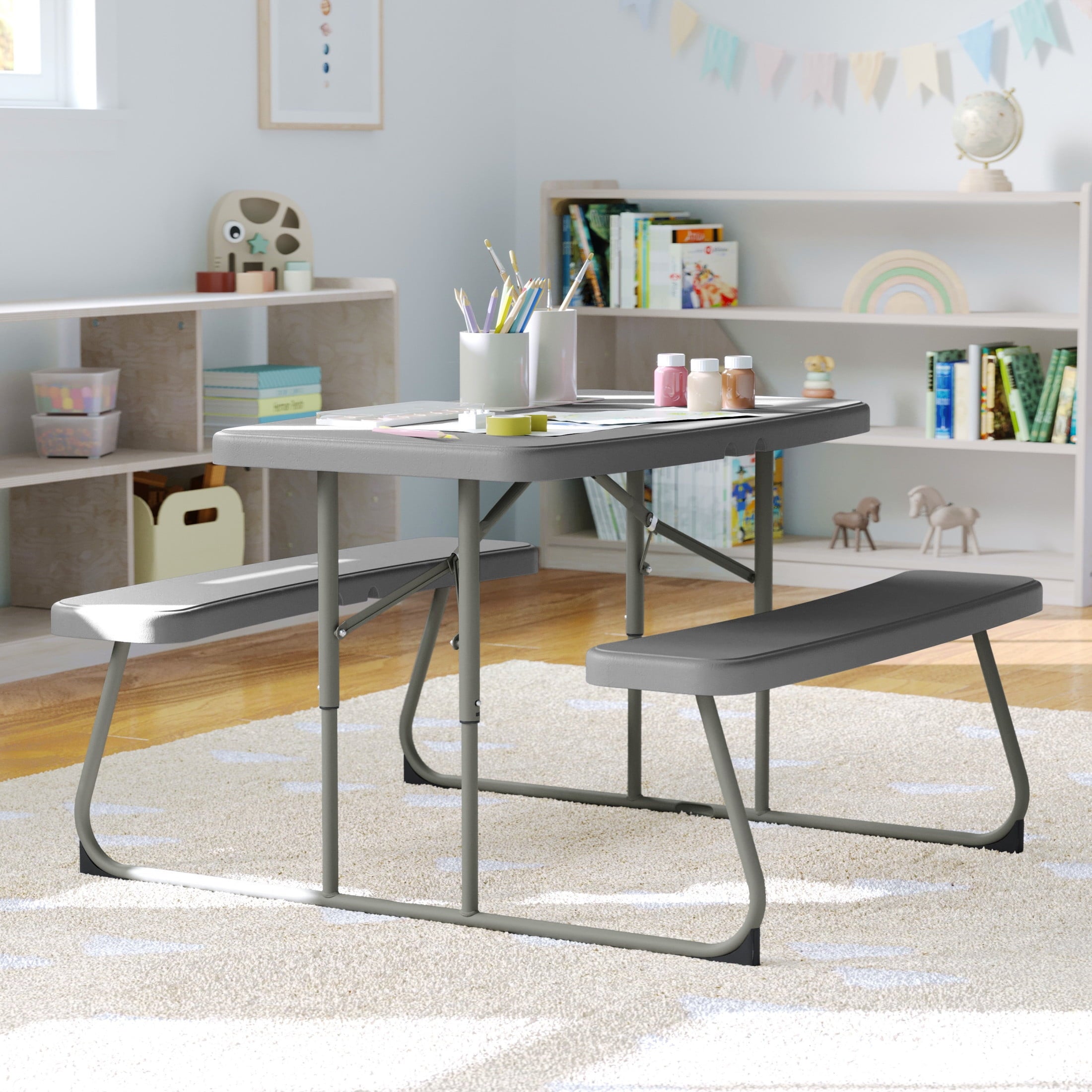 BizChair Easy-Fold Gray Folding Plastic Kids Outdoor Picnic Table and Benches - Commercial Grade - Seating for 4 Kids