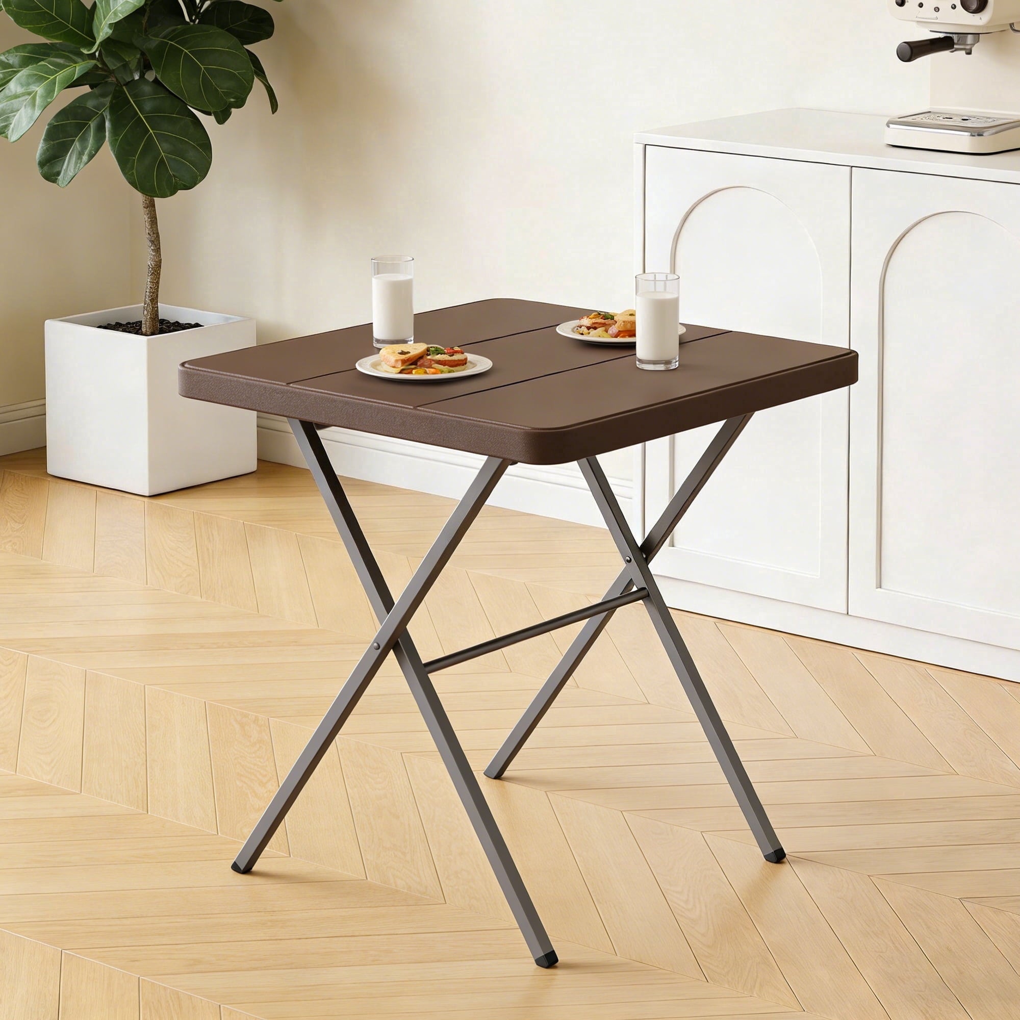 WLLJOY 27 Inch Patio Coffee Folding Table, Firm Utility Square Tea Table, Metal Rust-Proof Frame, for Patio, Garden, Picnic, Outside Portable Brown