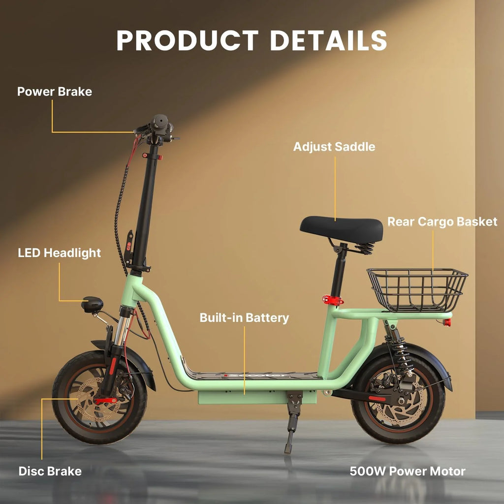 iScooter electric scooter with seat, 37/21 mile range, 28/19/15.6 mph top speed, dual suspension scooter with basket