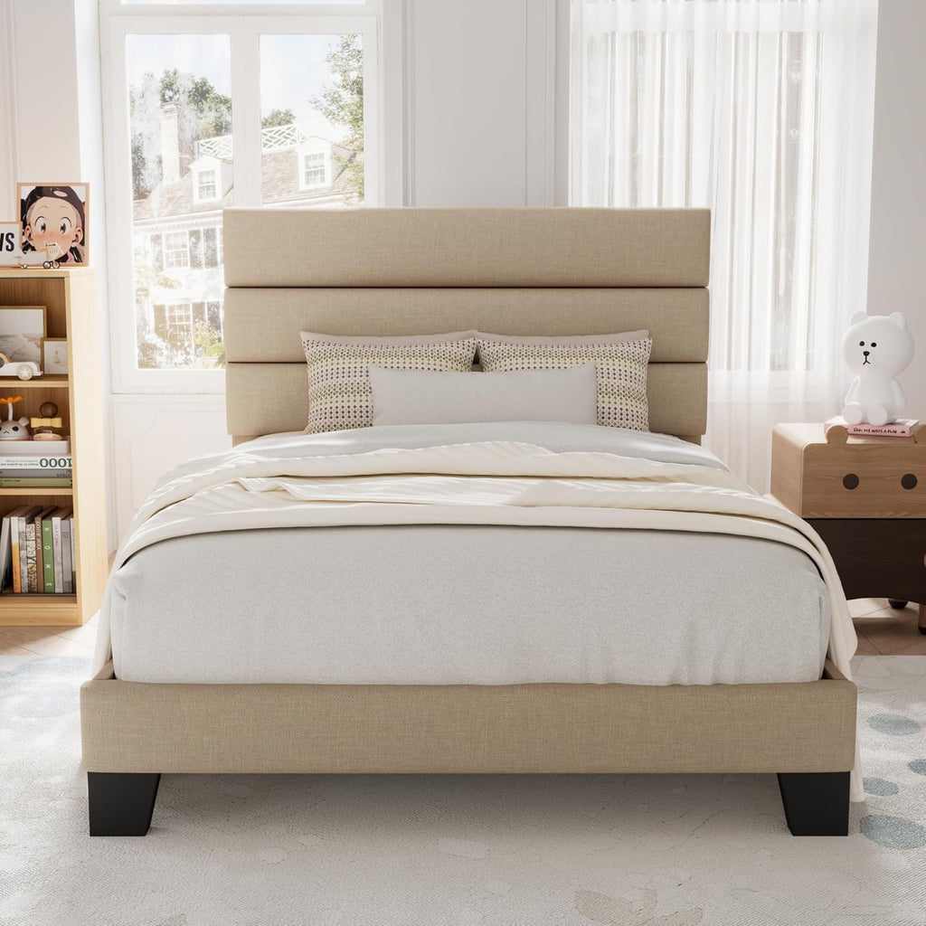 Allewie Queen Size Platform Bed Frame with Fabric Upholstered Headboard Wooden Slats Support