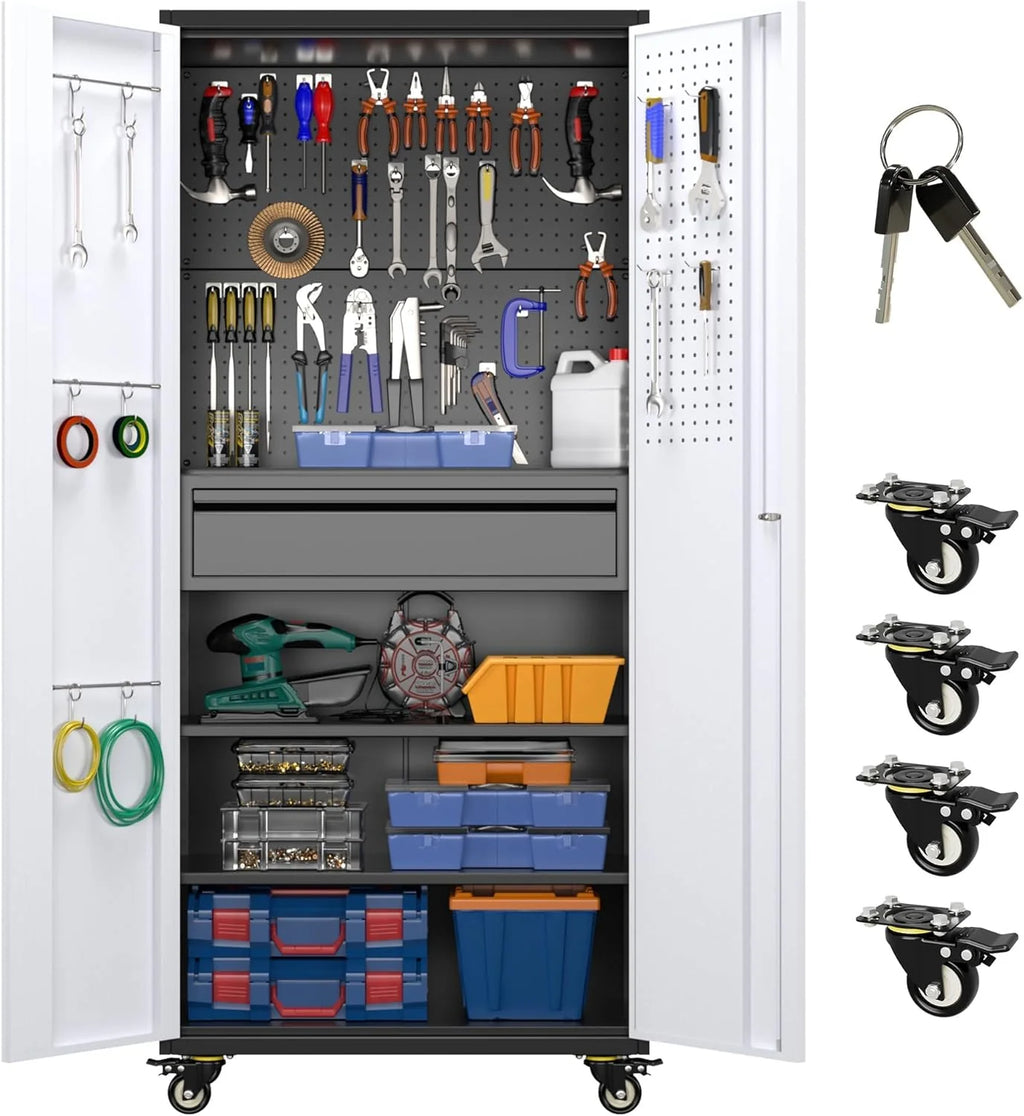 Aobabo 73''H Metal Garage Storage Cabinet with Wheels,Steel Cabinets with 2 Doors and 4 Adjustable Shelves for Home Office,Required Assembly,Black