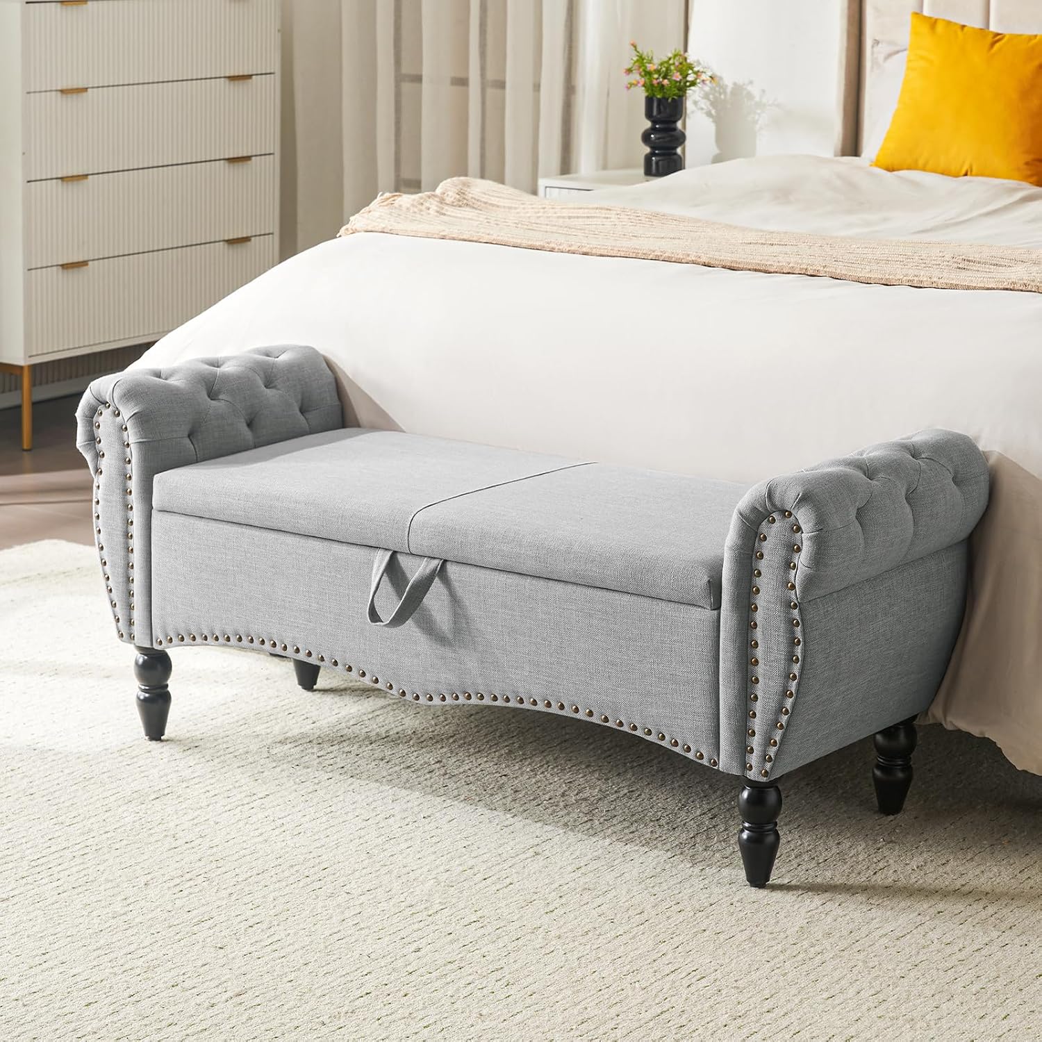 Furniliving Modern Storage Ottoman Bench, Sherpa Ottoman End of Bed Bench with Solid Wood Legs Upholstered Ottoman Benches with Storage Indoor Bench