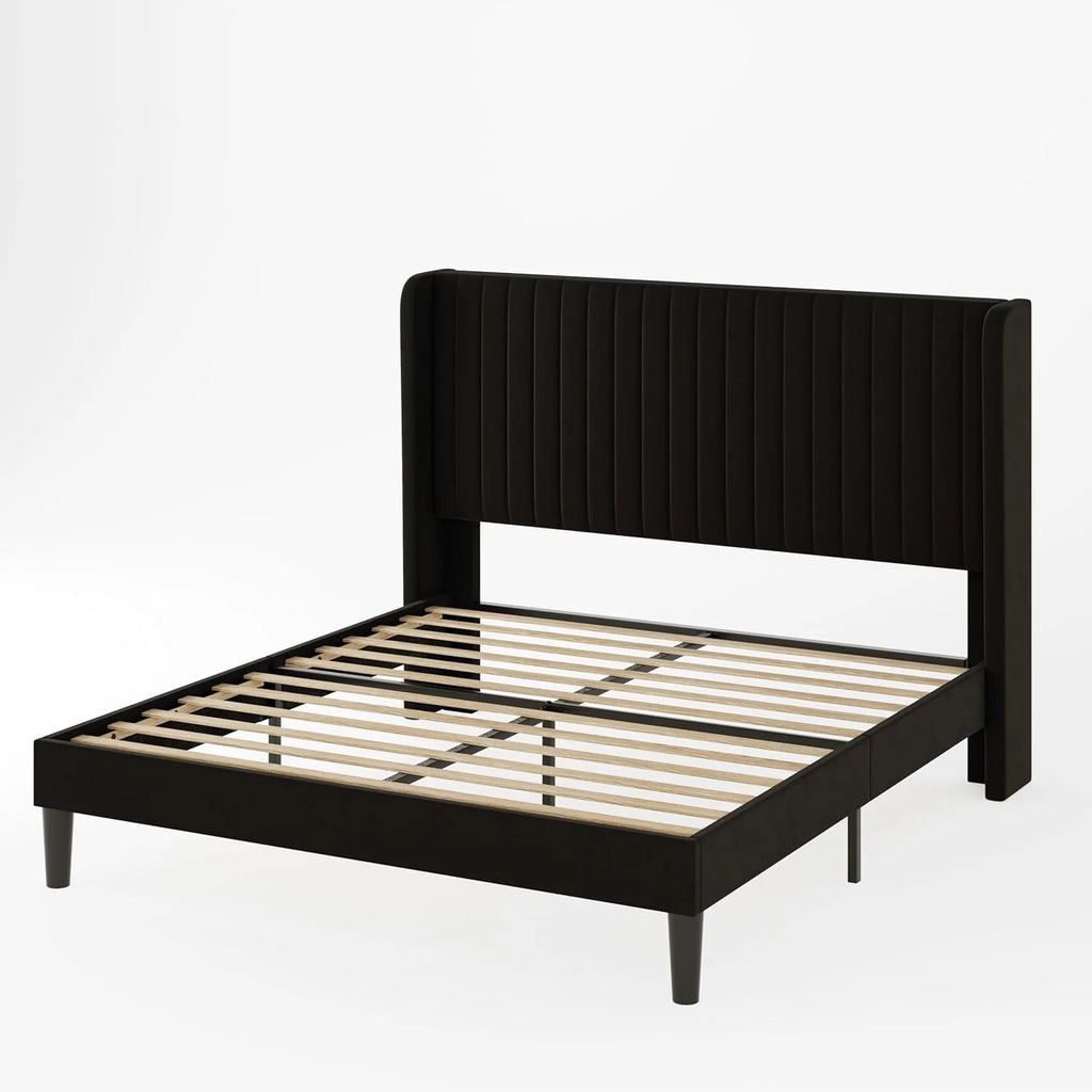 Allewie Full Size Velvet Bed Frame Vertical Channel Tufted Wingback Headboard Upholstered Bed
