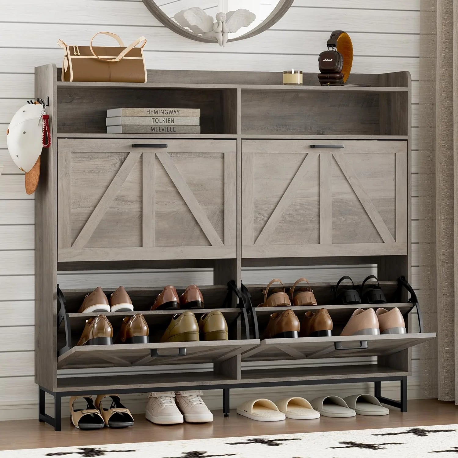 Shoe Cabinet with 2 Flip Drawers Narrow Shoe Storage Cabinet Organizer Wooden Freestanding Rack