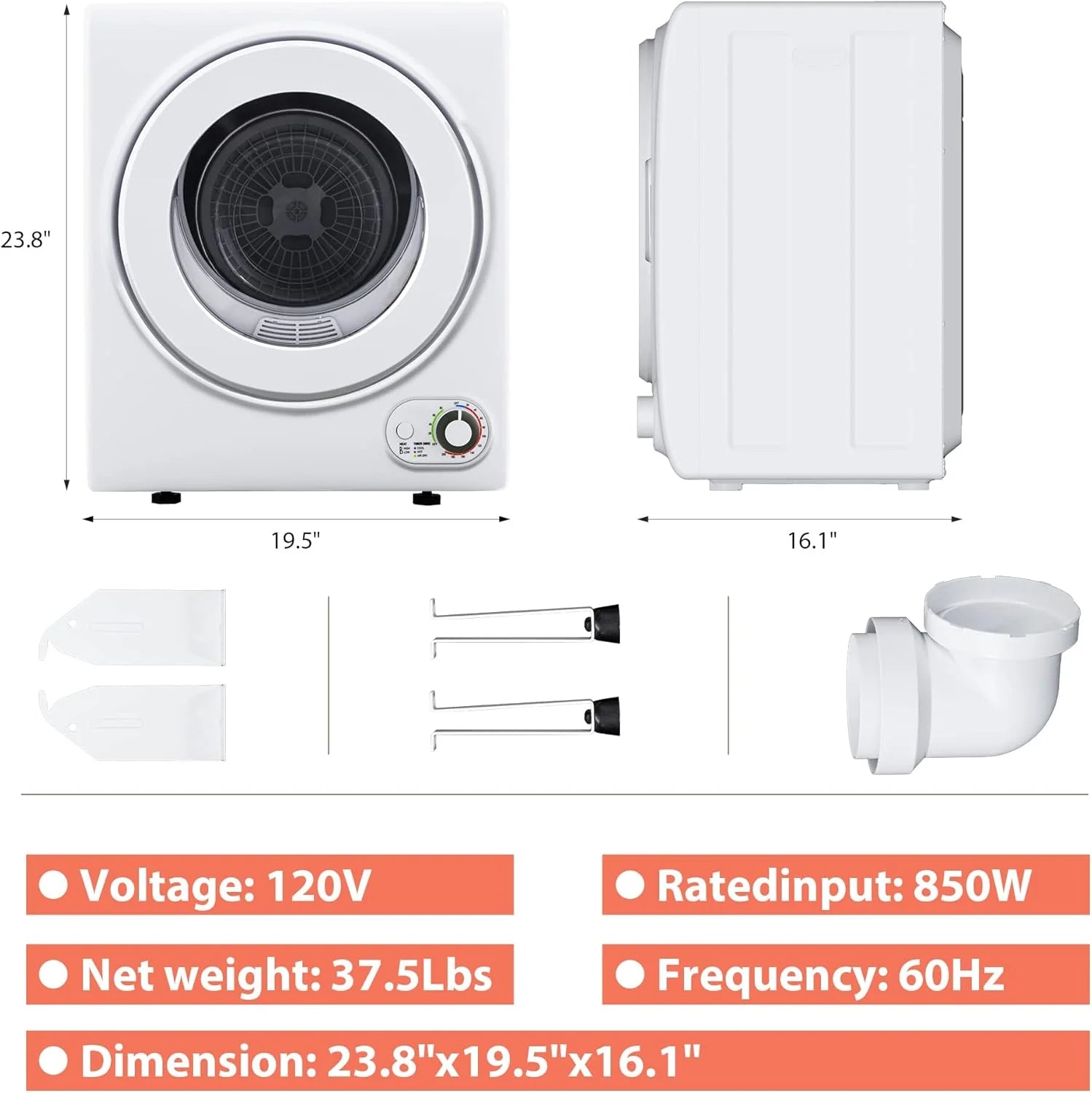 Compact Laundry Dryer, 3.5 cu ft Front Load Stainless Steel Clothes Dryers With Exhaust Pipe, 1500W, LCD Control Panel Four-Function Portable Dryer For Apartments, Home, Dorm, White